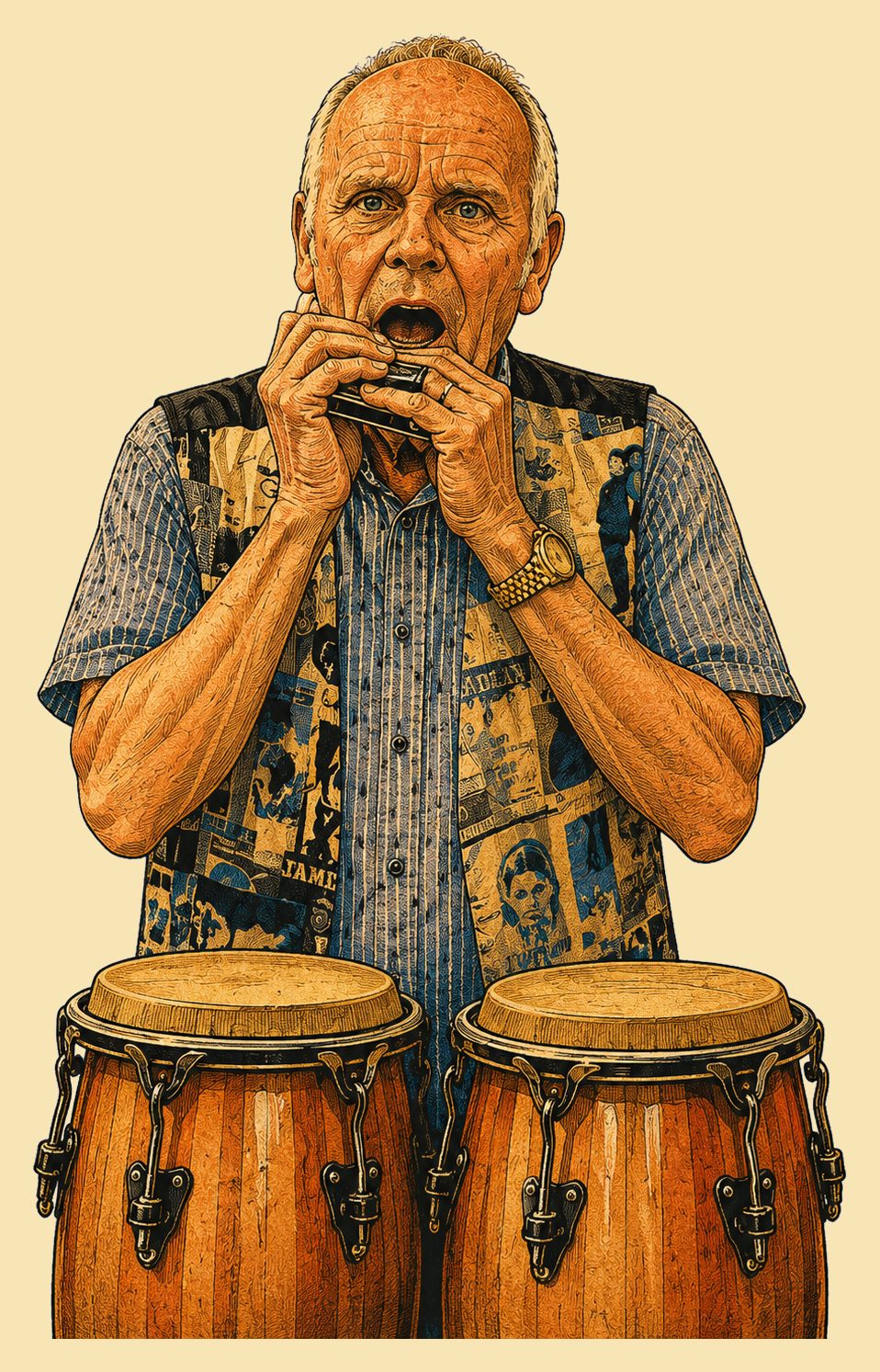 Portrait of Tom, harmonica and congas player in Groove & Grin.